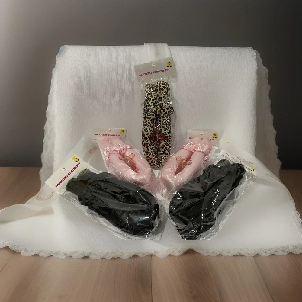 Heatless Curler Set Leopard‎  Pink & Black Print Satin 5 Sets Of 2 (10 Pieces)